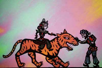 Sinbad meets Maymoona and her pet tiger Lanka - Shadow puppets by Deb Chase